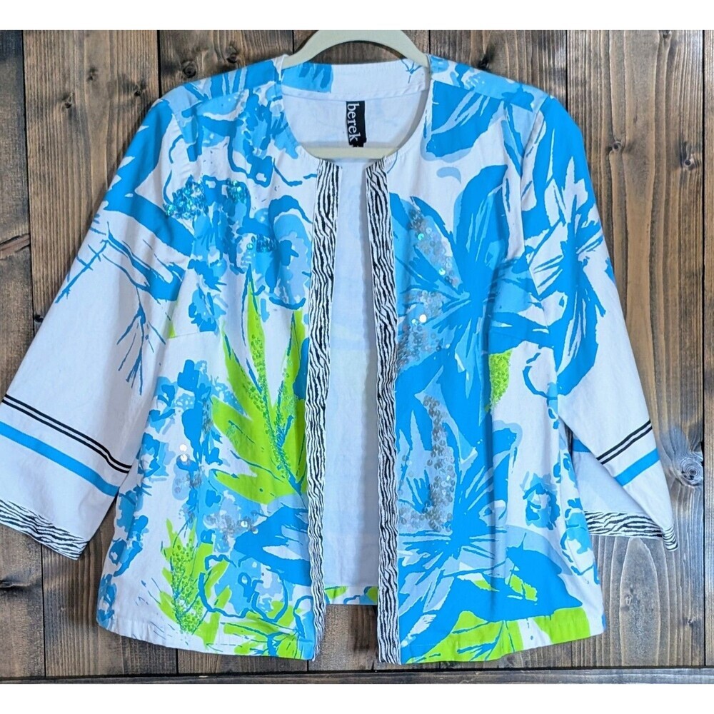 Berek Tropical Floral Sequin Hook-and-Eye Cotton Blend Jacket Large Blue Lime